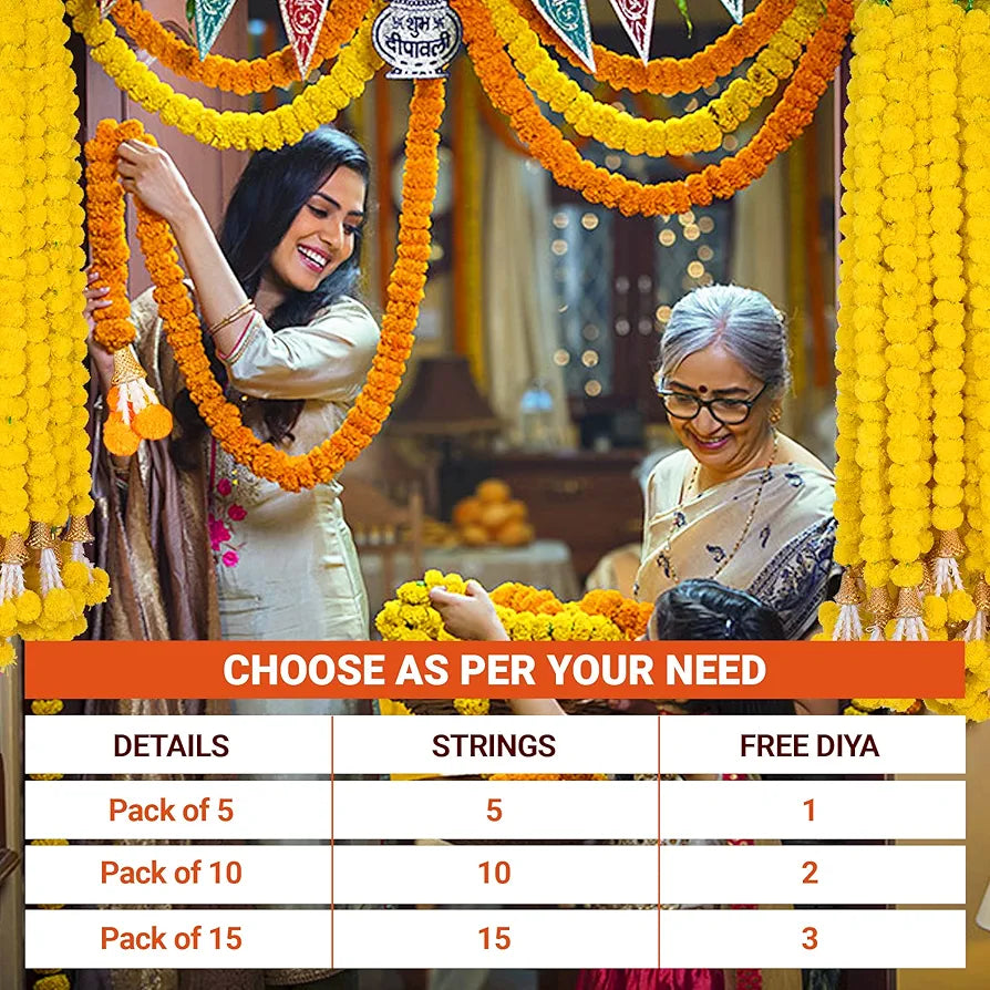 TAPFIRE Marigold Artificial Flowers for Decoration Long Garland for Diwali Decoration Navratri, Pooja, Home Inauguration, Temple, Wedding,5 Feet Long 5 Pcs with 1 Diya